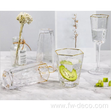 Hexagonal drinking glasses cup set with gold rim